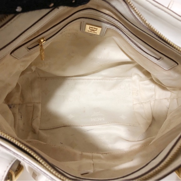 Authentic MCM Beige/White Leather Handbag Shoulder Bag With Adjustable Strap - Picture 15 of 16